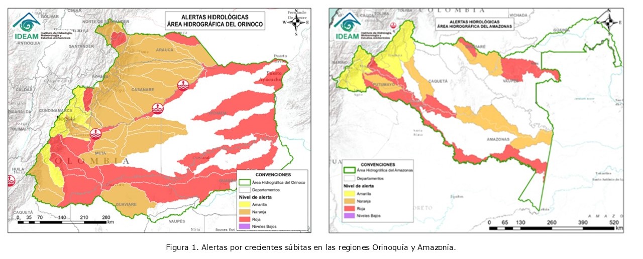 Figura 1. Alertas por crecientes súbitas en las regiones Orinoquía y Amazonía.