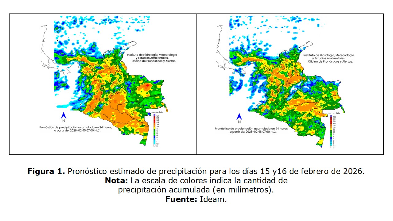 Figura 1. Pronóstico estimado de precipitación para los días 15 y16 de febrero de 2026. 