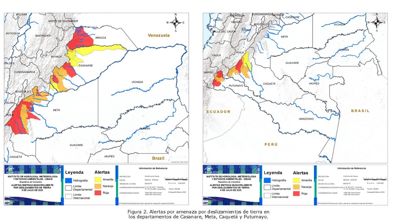 Figura 2. Alertas por amenaza por deslizamientos de tierra en  los departamentos de Casanare, Meta, Caquetá y Putumayo.