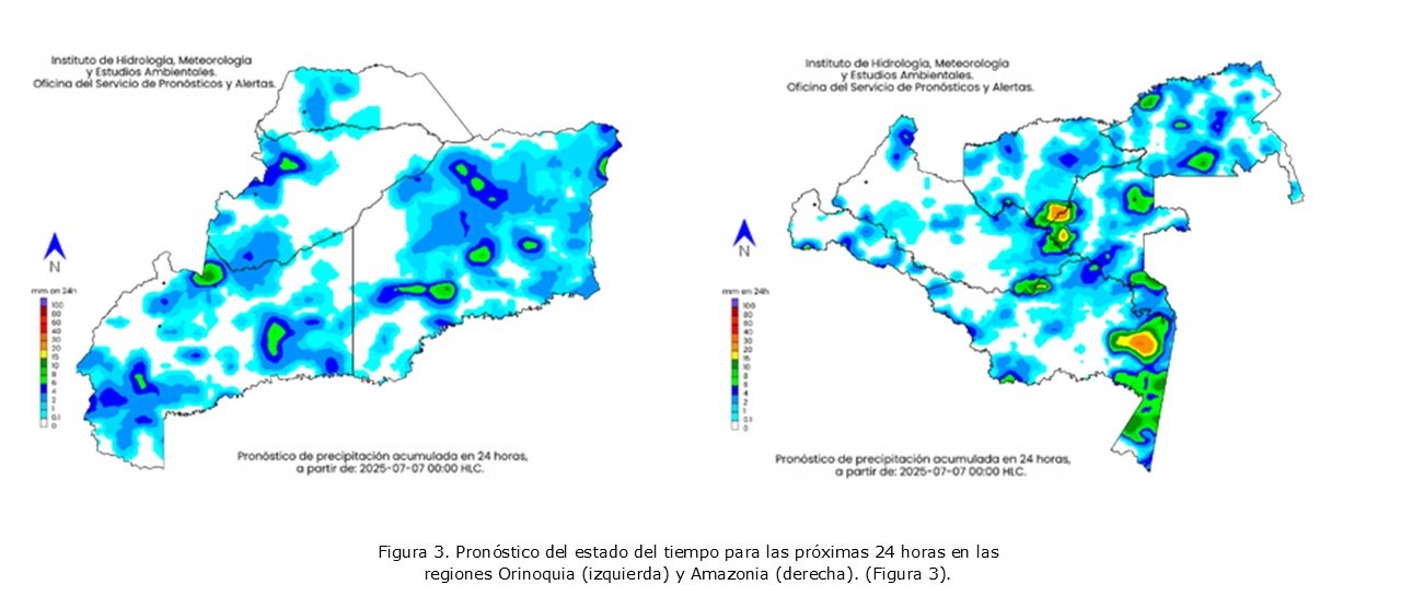 Figura 3. Pronóstico del estado del tiempo para las próximas 24 horas en las regiones Orinoquia (izquierda) y Amazonia (derecha). (Figura 3).