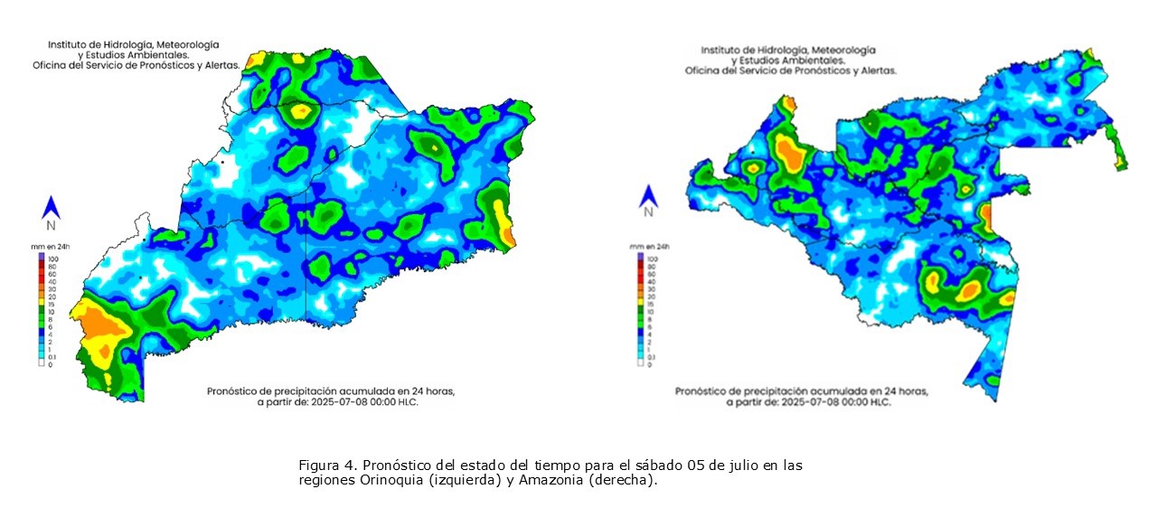 Figura 4. Pronóstico del estado del tiempo para el sábado 05 de julio en las regiones Orinoquia (izquierda) y Amazonia (derecha).