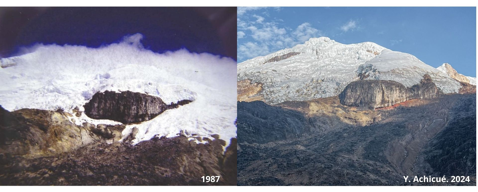 Fotografías. Cambio de cobertura glaciar en el volcán nevado del Huila, durante 1987 y 2024. Autor  Desconocido ,1987 (izquierda); Yesid Achicué ,2024 (derecha)