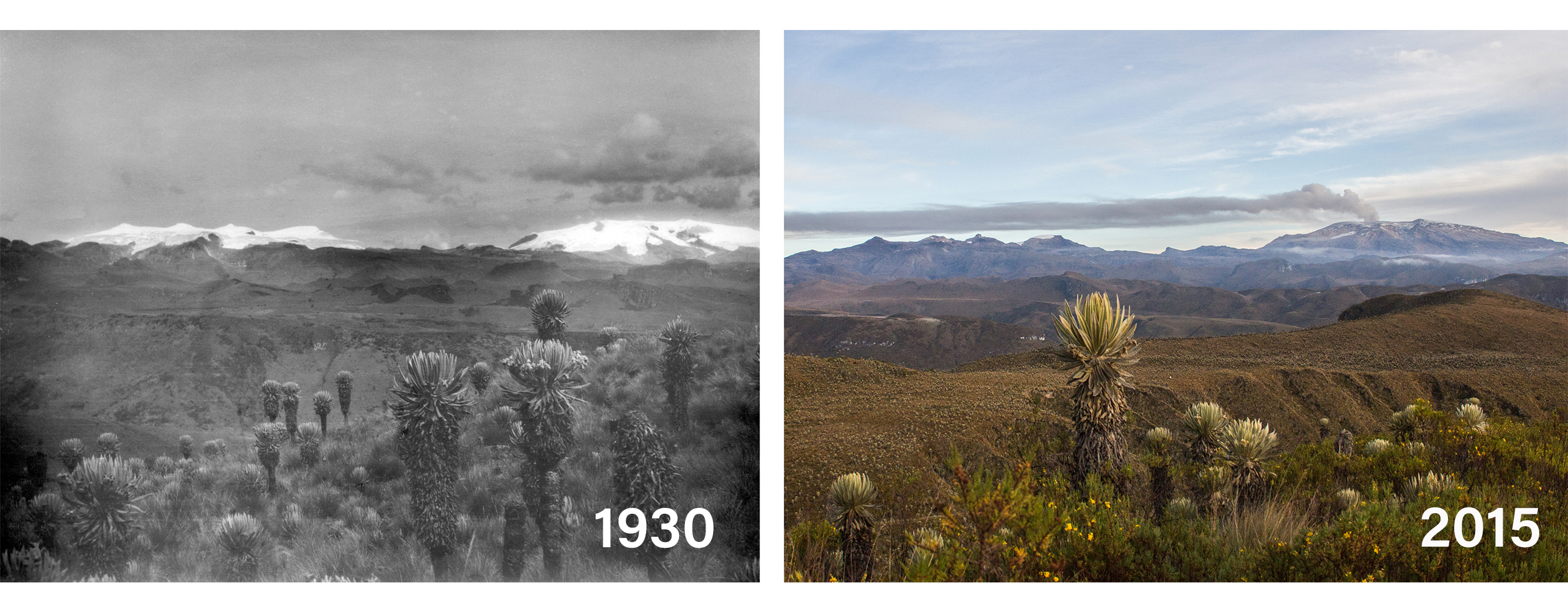 Fotografías. Cambio de cobertura glaciar en el volcán Nevado del Ruiz