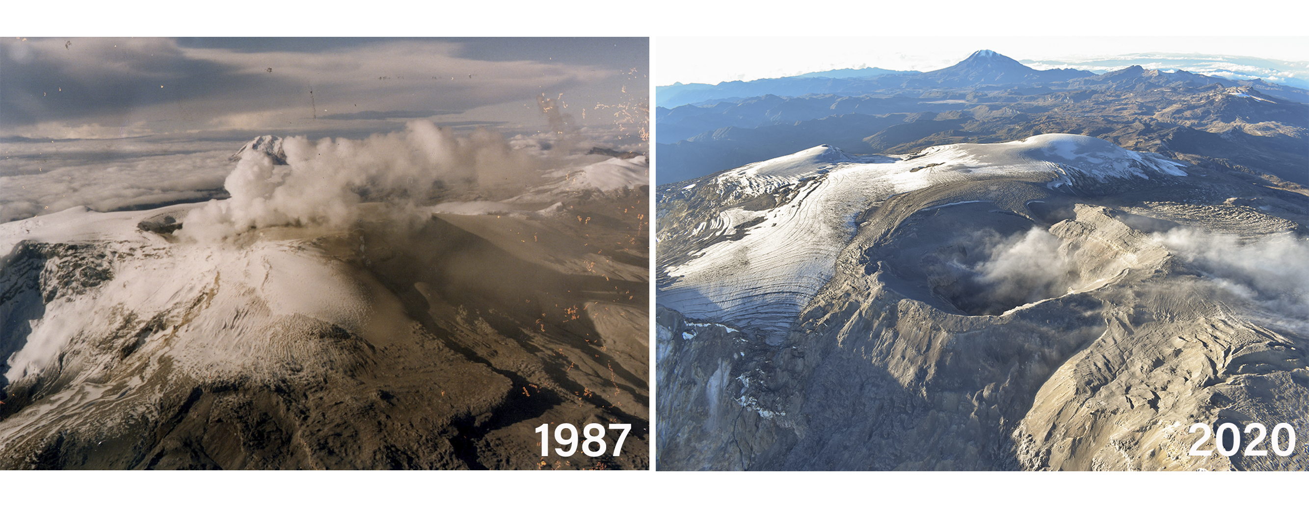 Fotografías. Cambio de cobertura glaciar en el volcán Nevado del Ruiz