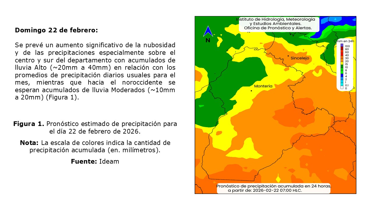 Figura 1. Pronóstico estimado de precipitación para el día 22 de febrero de 2026.  Nota: La escala de colores indica la cantidad de precipitación acumulada (en milímetros). Fuente: Ideam.