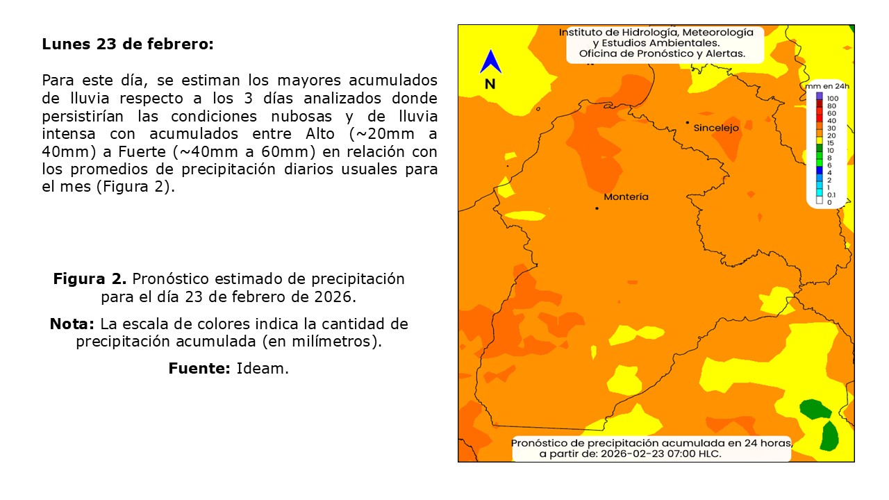 Figura 2. Pronóstico estimado de precipitación para el día 23 de febrero de 2026.  Nota: La escala de colores indica la cantidad de precipitación acumulada (en milímetros). Fuente: Ideam.