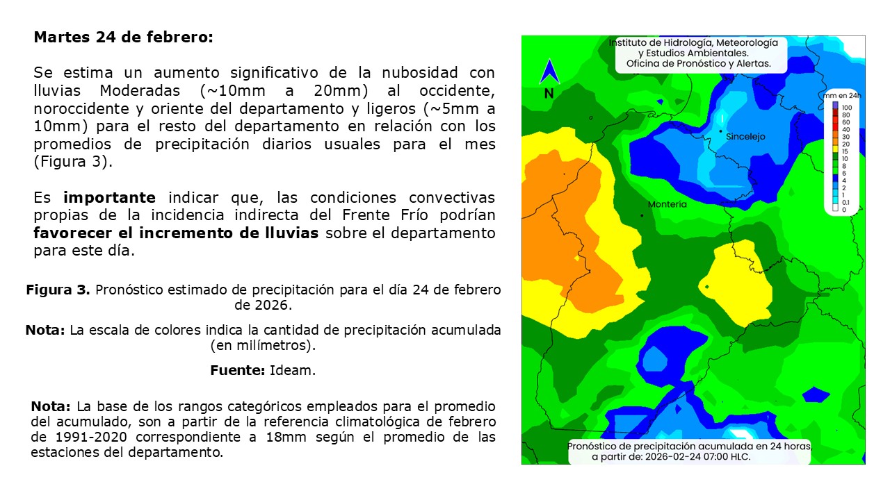 Figura 3. Pronóstico estimado de precipitación para el día 24 de febrero de 2026.  Nota: La escala de colores indica la cantidad de precipitación acumulada (en milímetros). Fuente: Ideam.