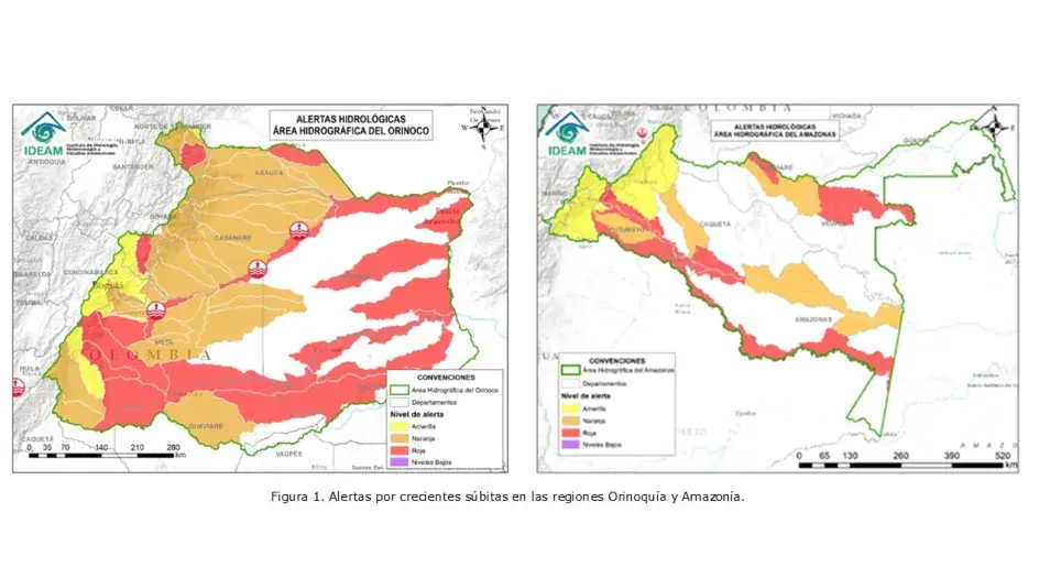 Alertas por crecientes súbitas en las regiones Orinoquía y Amazonía.