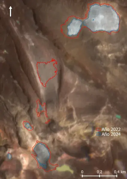 Figura. Cambio del área glaciar entre 2022 a 2024 del Nevado Santa Isabel