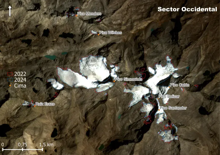 Figura. Cambios de la Sierra Nevada de Santa Marta, sector occidental entre 2022 y 2024. Imagen satelital Planetscope. Autor IDEAM