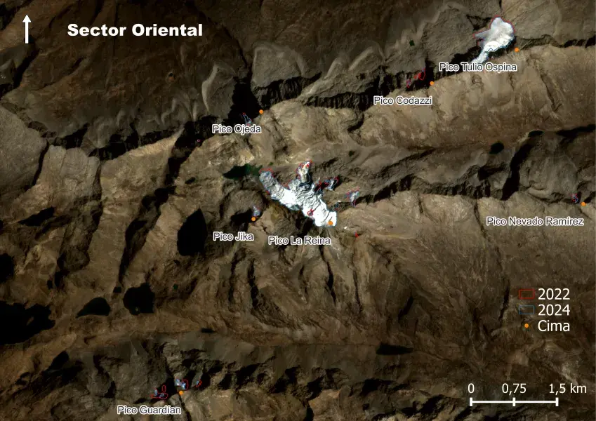 Figura. Cambios de la Sierra Nevada de Santa Marta, sector oriental entre 2022 y 2024. Imagen satelital Planetscope. Autor IDEAM