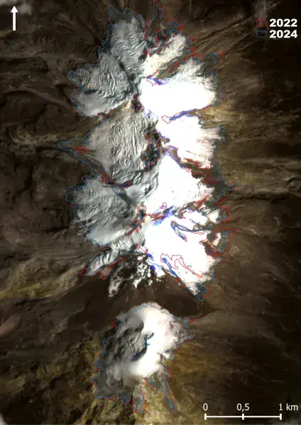 Figura. Cambios del Volcán Nevado del Huila entre 2022 y 2024. Imagen satelital Planetscope. Autor IDEAM