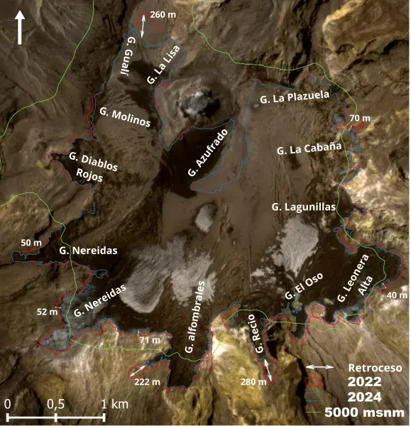 Figura. Cambios del Volcán Nevado del Ruiz entre 2022 y 2024. Imagen satelital Planet Scope. Autor IDEAM