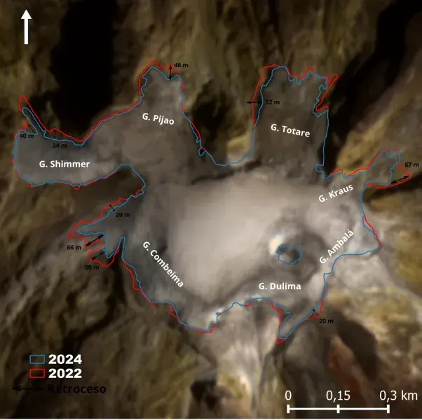 Figura. Cambios del Volcán Nevado del Tolima entre 2022 y 2024. Imagen satelital Planetscope. Autor IDEAM