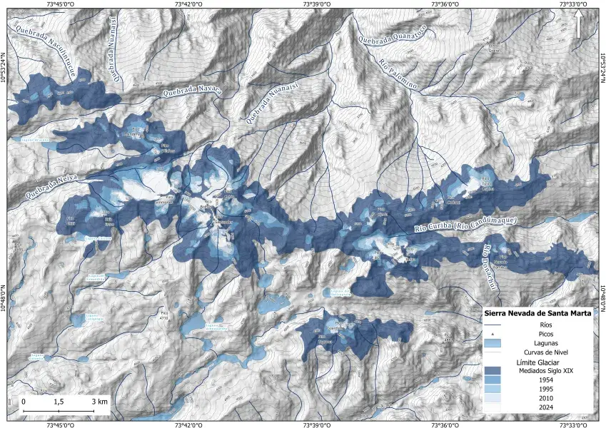 Figura. Evolución del área glaciar de la Sierra Nevada de Santa Marta, desde mediados del siglo XIX hasta 2024. Autor IDEAM