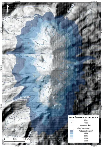 Figura. Evolución del área glaciar del Nevado del Huila, desde mediados del siglo XIX hasta 2024. Autor IDEAM