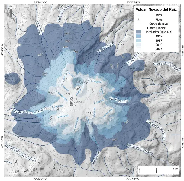 Figura. Evolución del área glaciar del Nevado del Ruiz, desde mediados del siglo XIX hasta 2024.