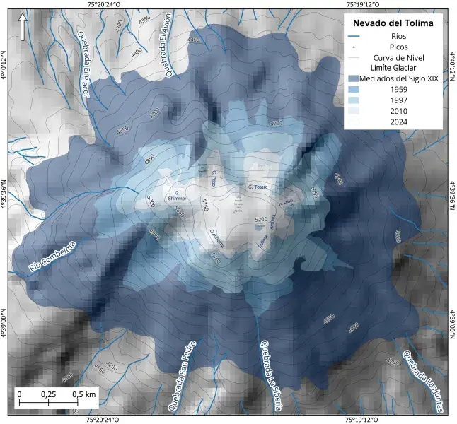 Figura. Evolución del área glaciar del Nevado del Tolima, desde mediados del siglo XIX hasta 2024. Autor IDEAM