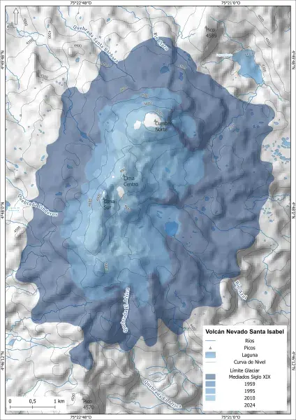 Figura. Evolución del área glaciar del Nevado Santa Isabel desde mediados del siglo XIX hasta 2024.