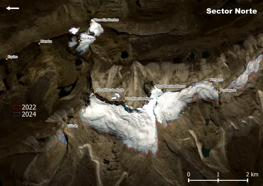 Figura. Sector Norte, Sierra Nevada El Cocuy o Güicán.  Imagen base Planet Scope 2024 - IDEAM